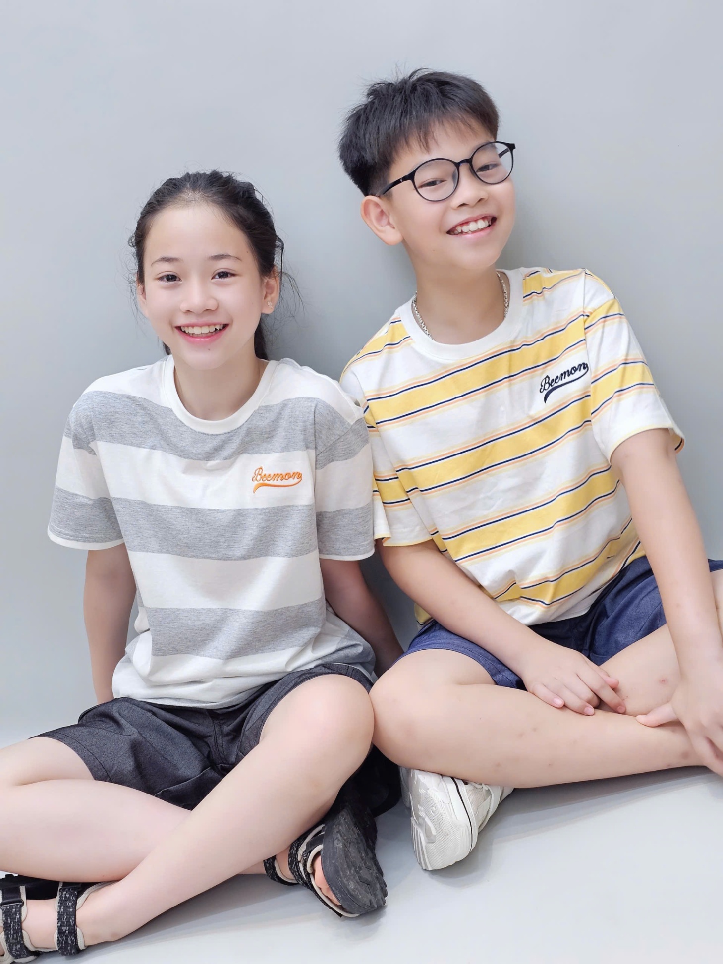 Bộ beemon BTBG, áo cotton kẻ ngang, quần cạp chun giả jean