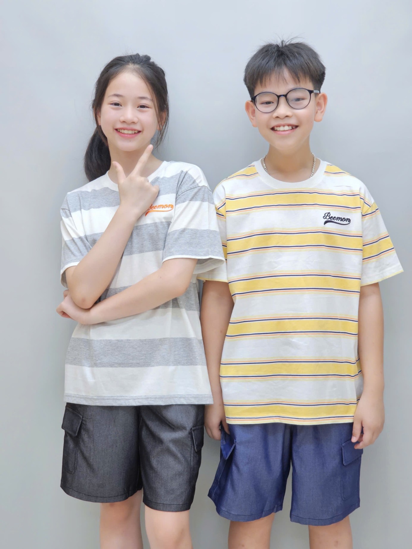 Bộ beemon BTBG, áo cotton kẻ ngang, quần cạp chun giả jean