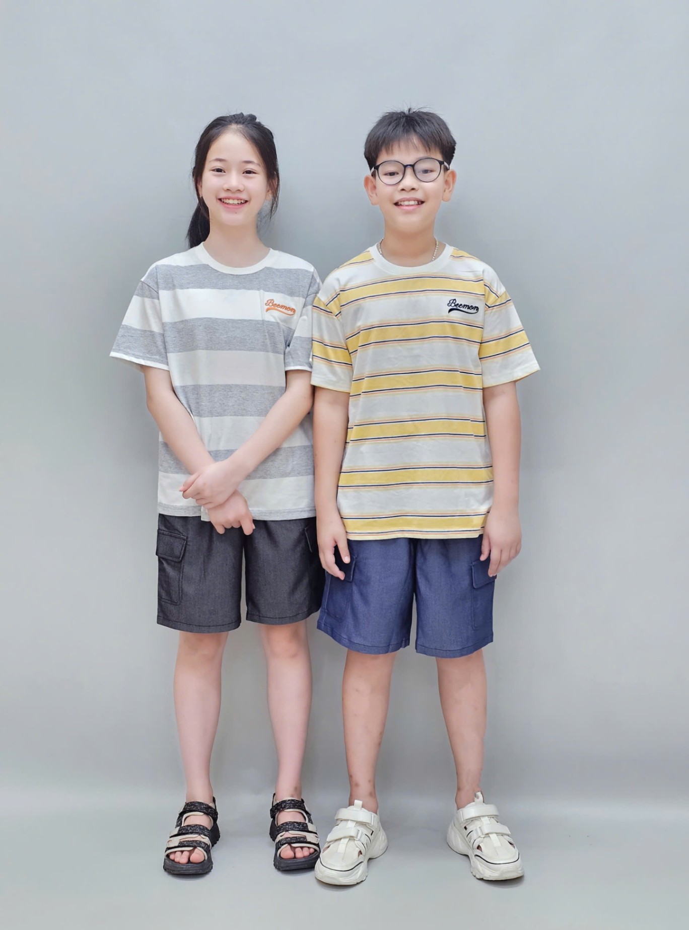 Bộ beemon BTBG, áo cotton kẻ ngang, quần cạp chun giả jean