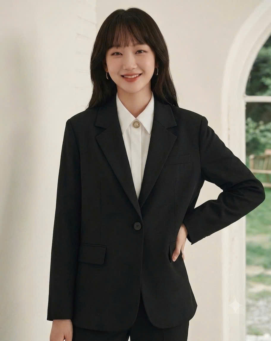 Áo blazer oversize 1 khuy, túi 2 bên và 1 túi giả trước ngực