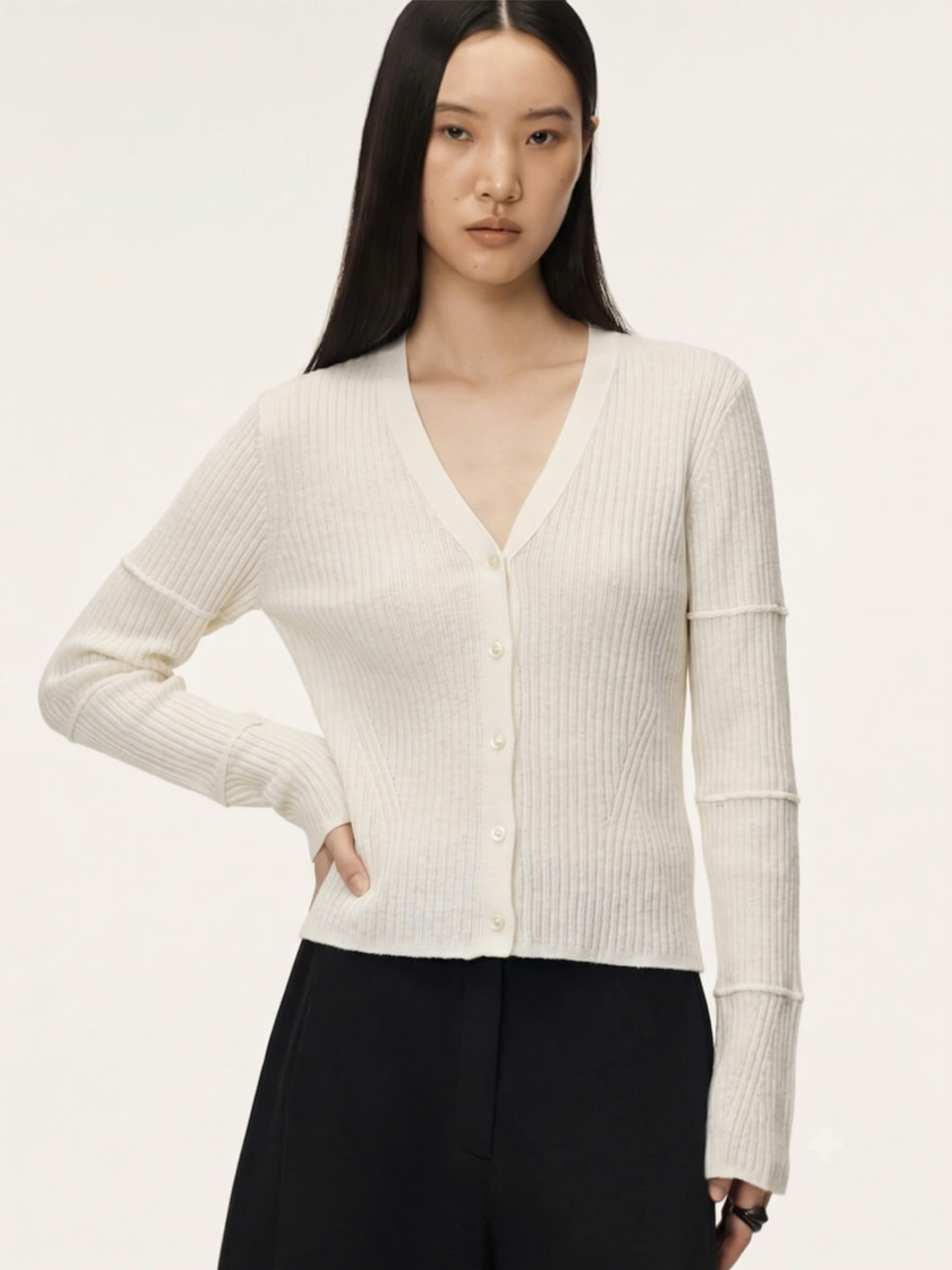 Áo cardigan cổ V dài tay gân sọc, 1 hàng cúc