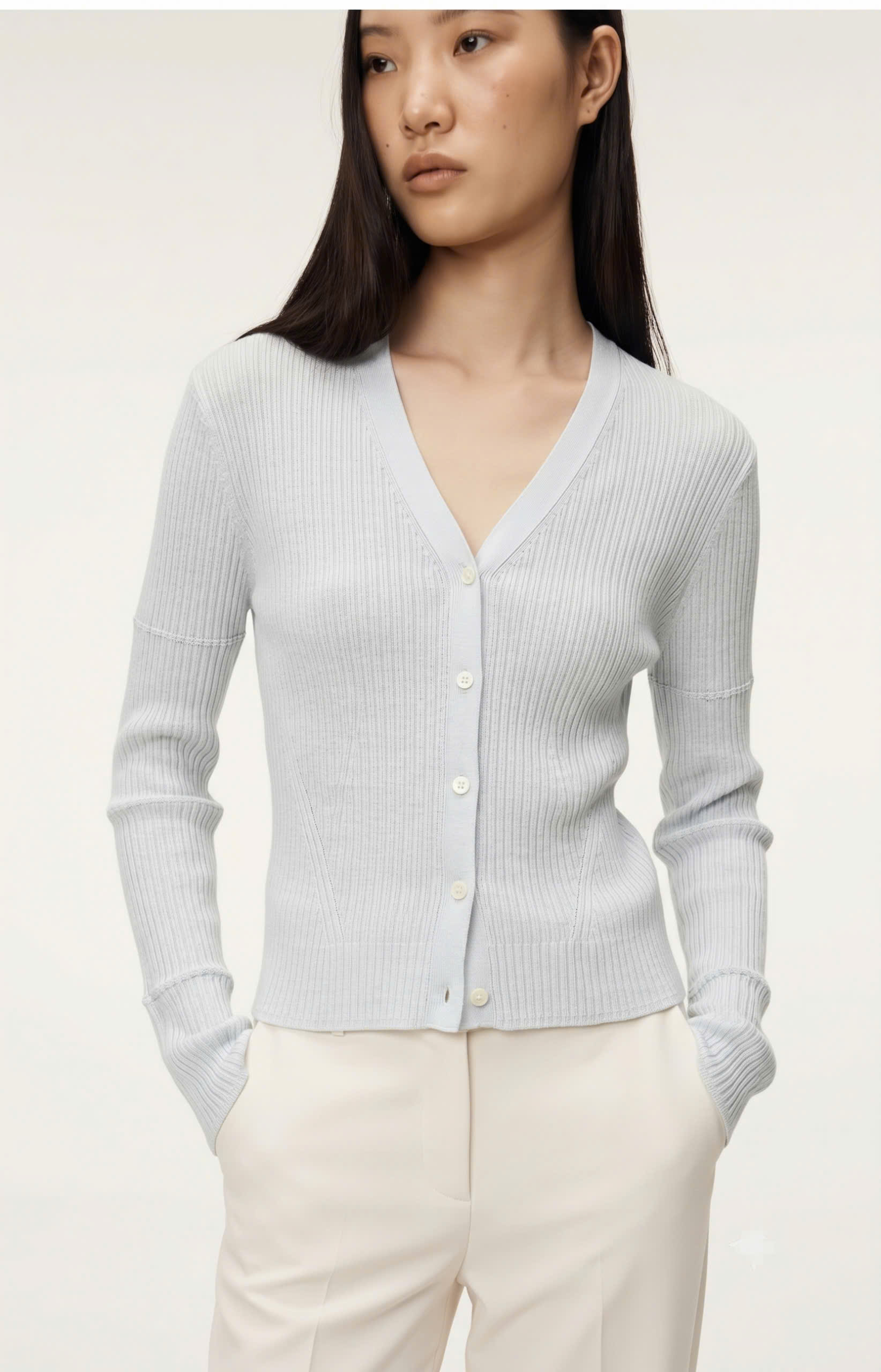 Áo cardigan cổ V dài tay gân sọc, 1 hàng cúc