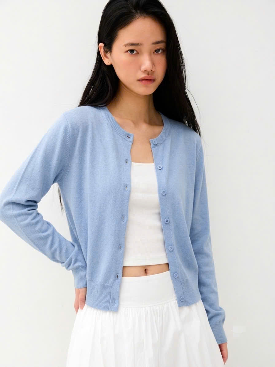 Áo cardigan cổ tròn bo gấu, 1 hàng cúc giống màu áo - S - Xanh Blue