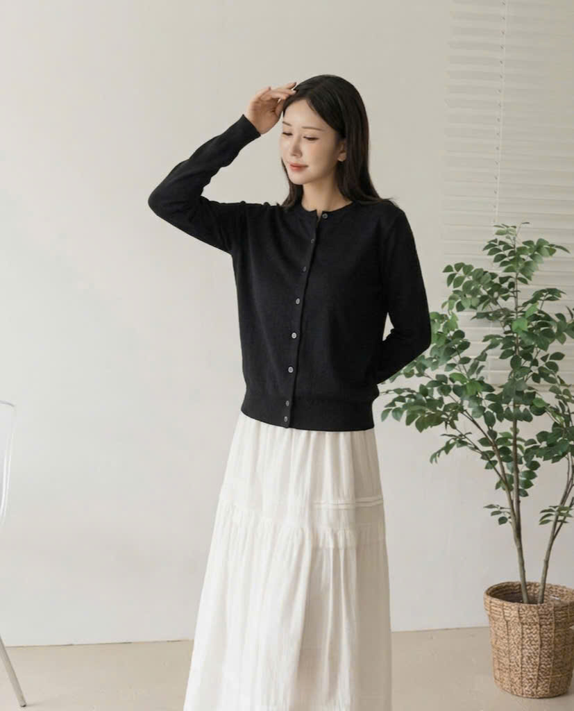 Áo cardigan cổ tròn bo gấu, 1 hàng cúc giống màu áo
