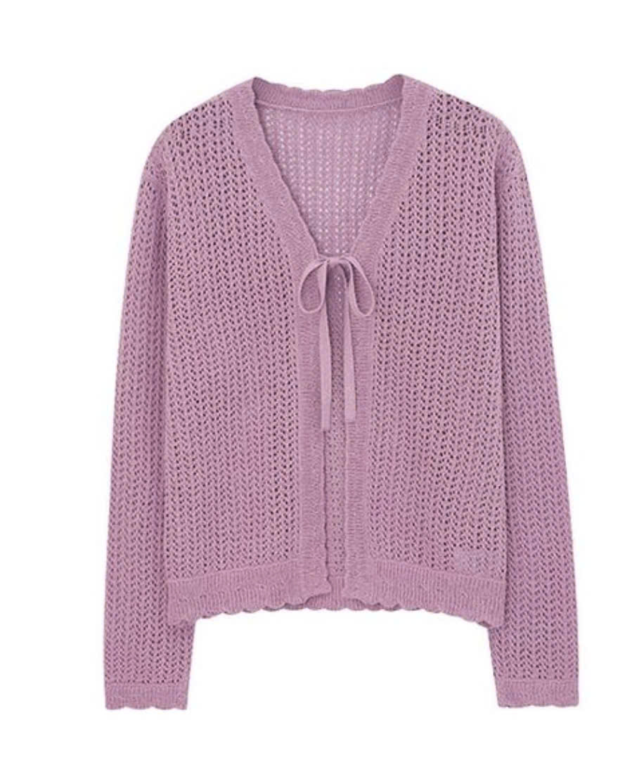 Áo cardigan dài tay lỗ đan, có dây buộc ở trước ngực