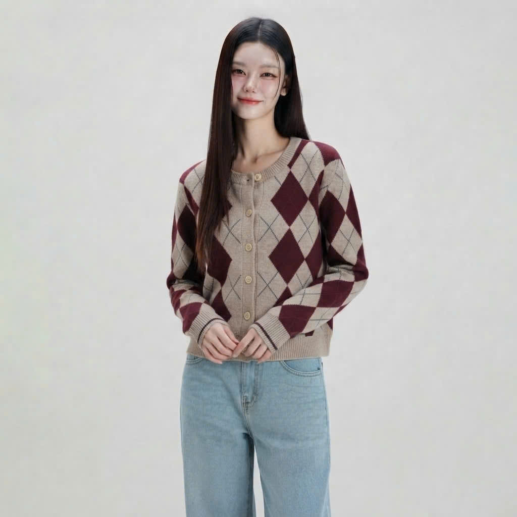 Áo cardigan len cổ tròn, bo gấu họa tiết quả trám đỏ be, cúc ngọc trai vàng