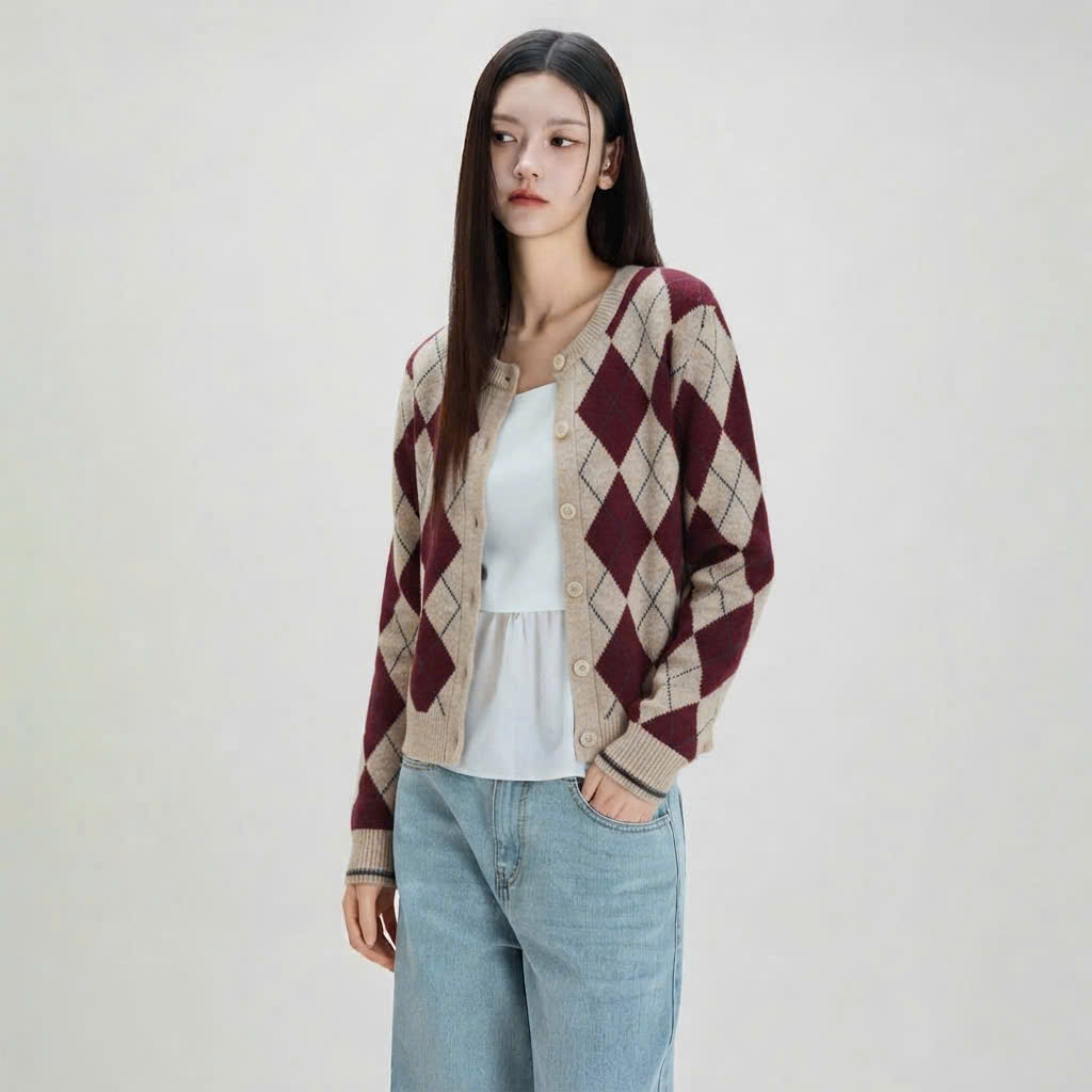Áo cardigan len cổ tròn, bo gấu họa tiết quả trám đỏ be, cúc ngọc trai vàng
