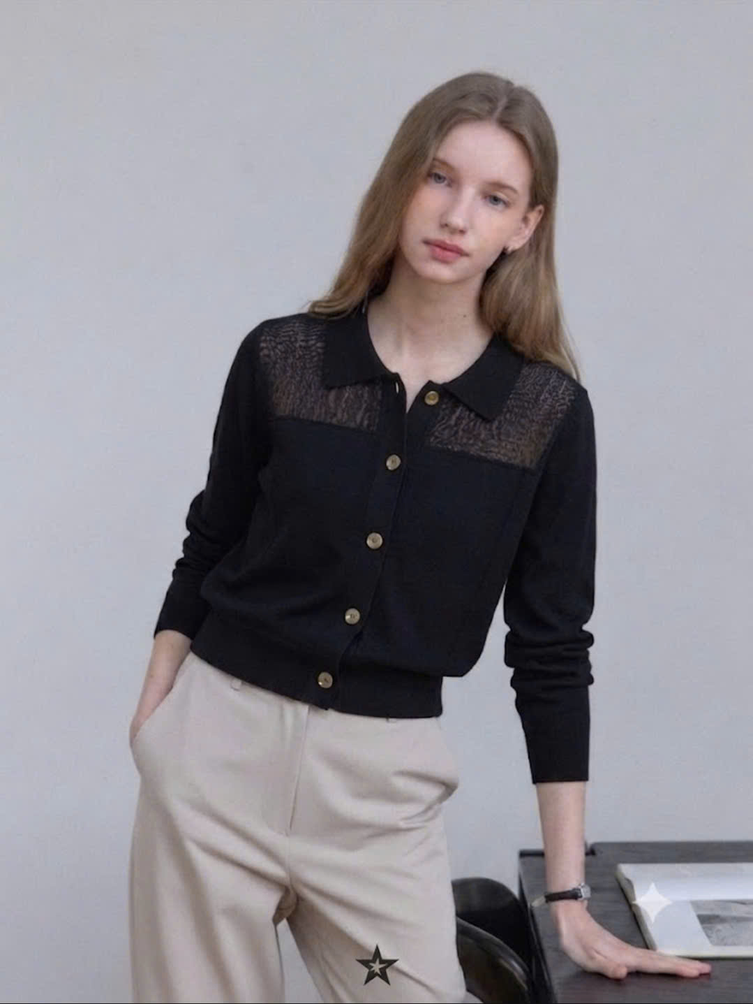 Áo cardigan mongtogi, cổ bẻ phối mảng ren mỏng, 1 hàng cúc