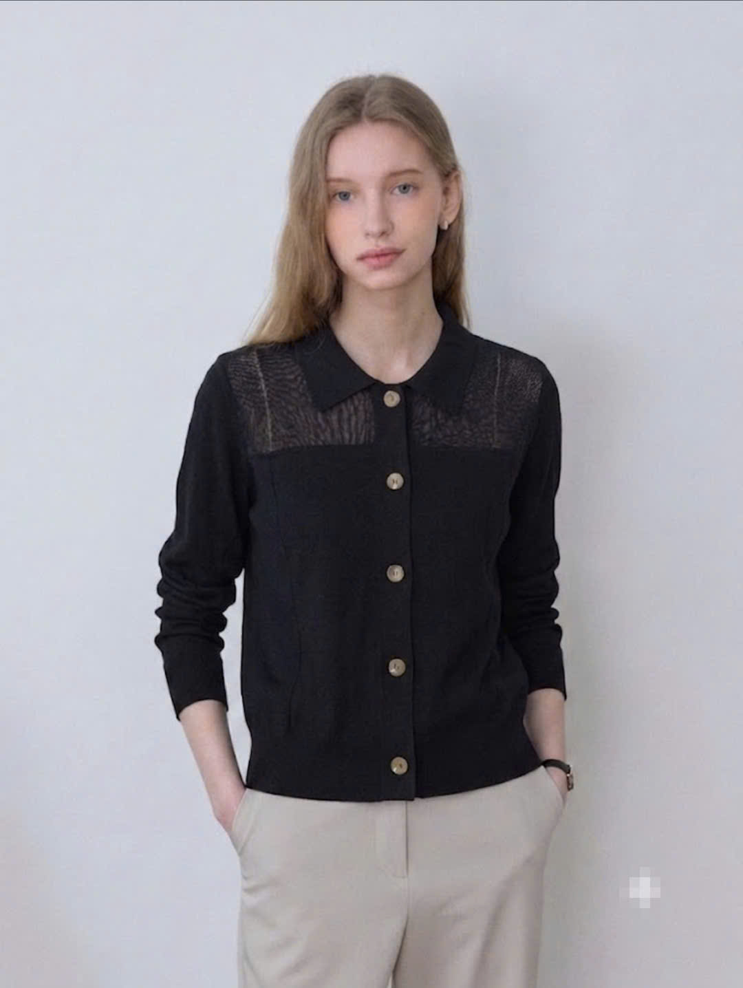 Áo cardigan mongtogi, cổ bẻ phối mảng ren mỏng, 1 hàng cúc