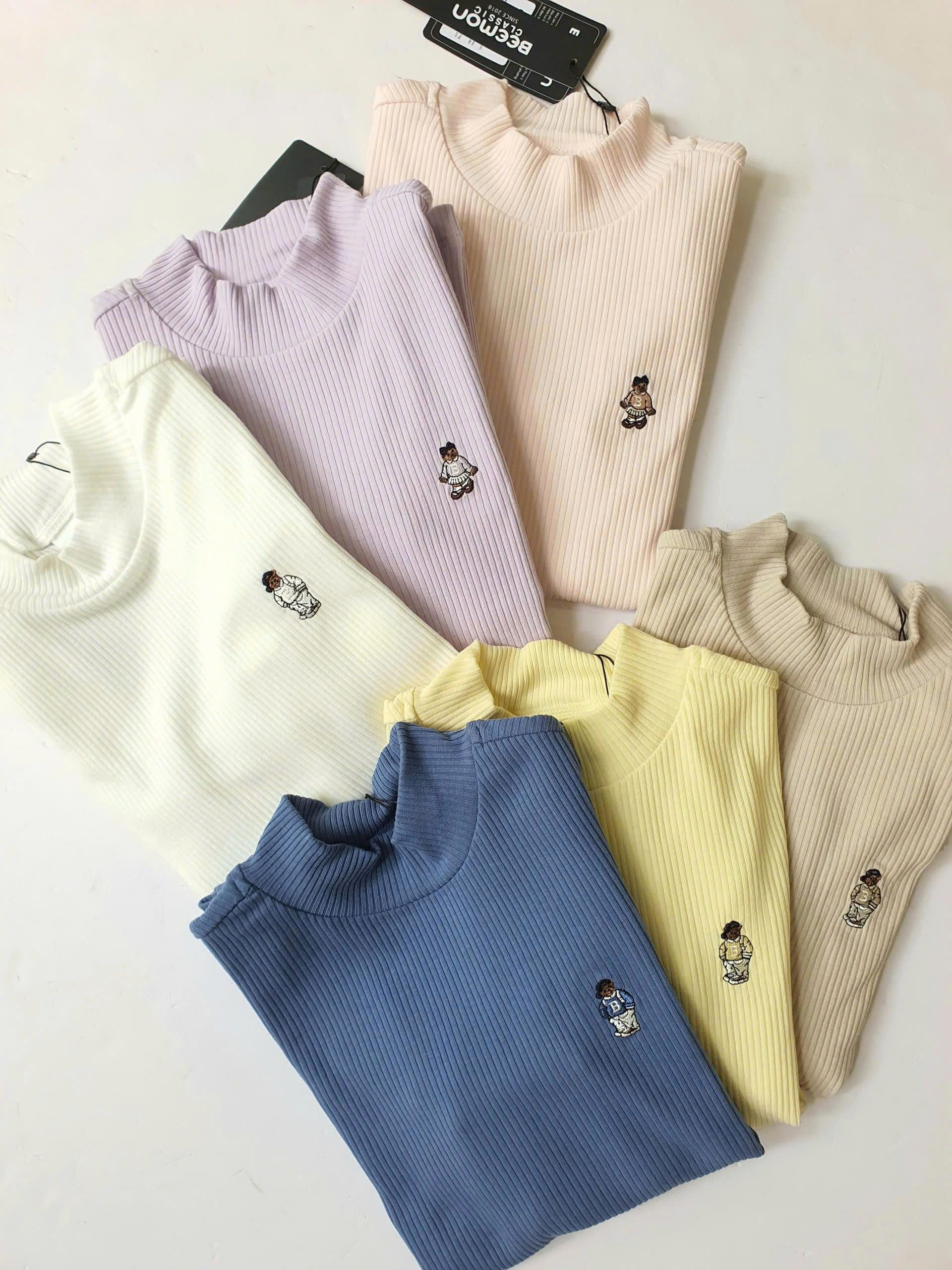 Áo cổ 3 phân dài tay Beemon, thun tăm thêu gấu