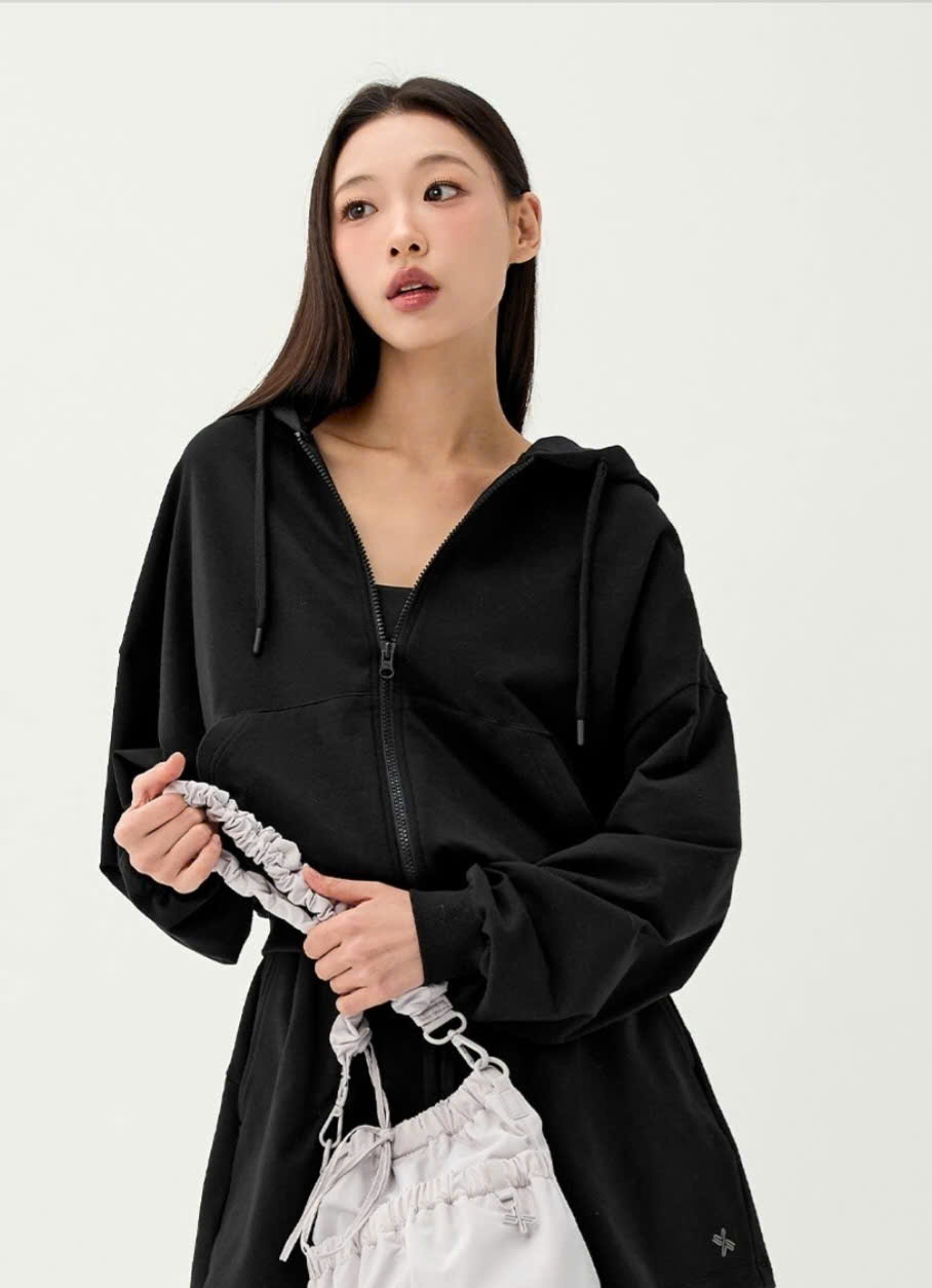 Áo hoodie zip có mũ dáng lửng, kéo khóa bo viền có túi