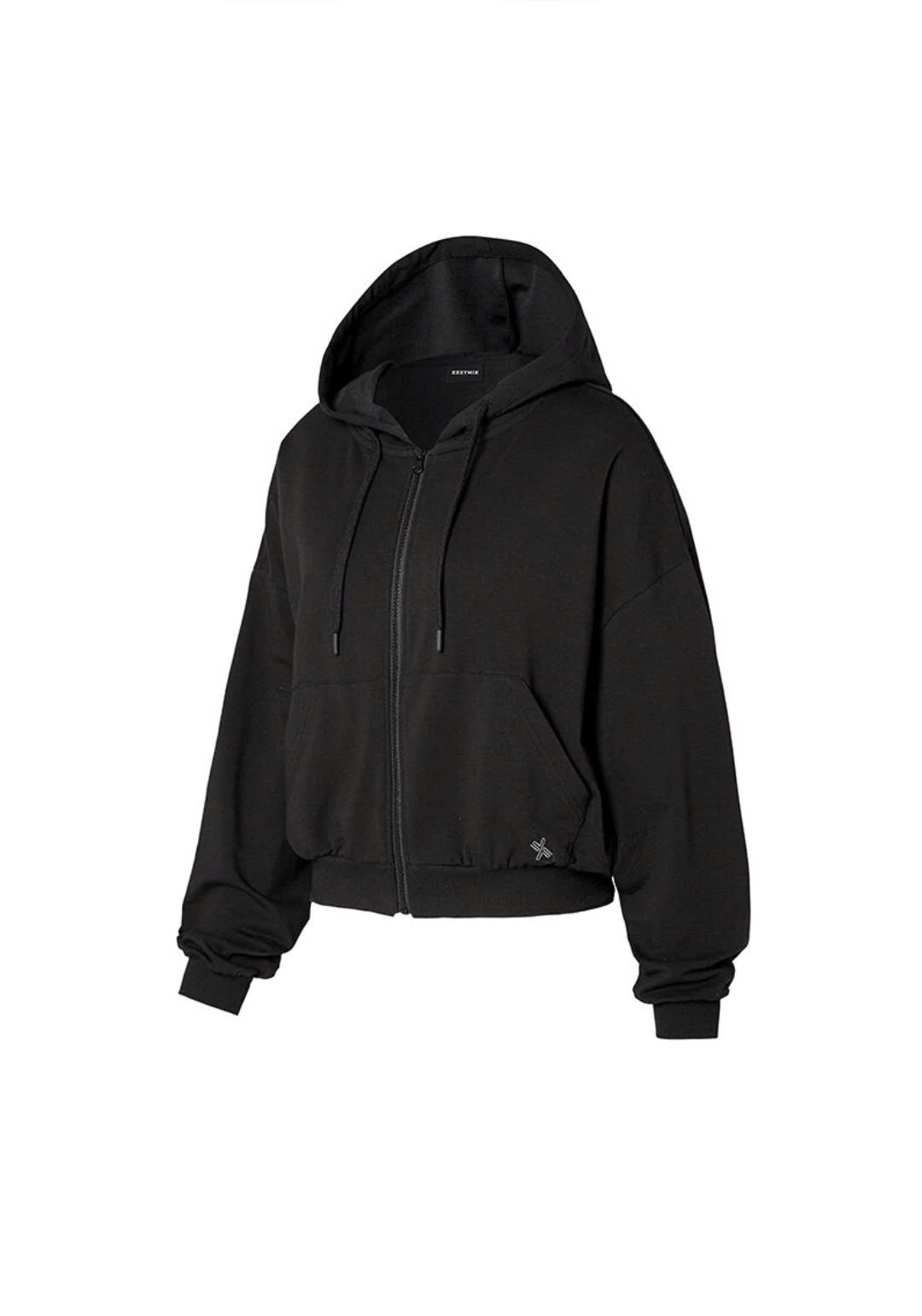 Áo hoodie zip có mũ dáng lửng, kéo khóa bo viền có túi