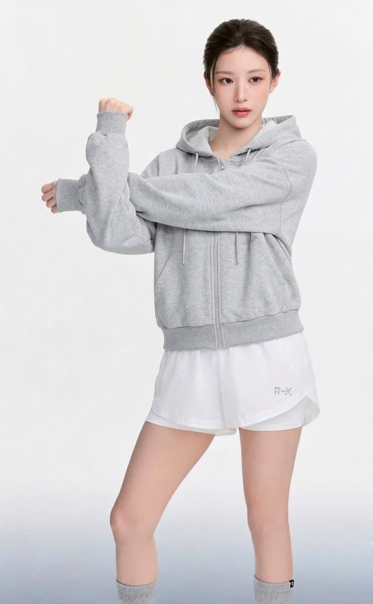 Áo hoodie zip có mũ dáng lửng, kéo khóa bo viền có túi