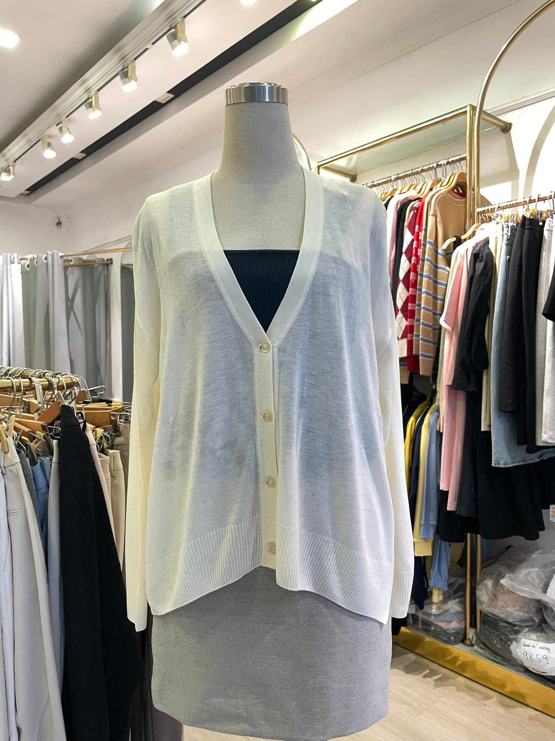 Áo khoác cardigan dáng dai, cổ V, vạt xẻ hai bên hông