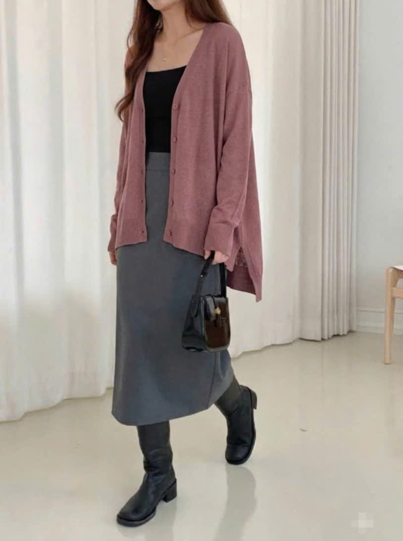 Áo khoác cardigan dáng dai, cổ V, vạt xẻ hai bên hông