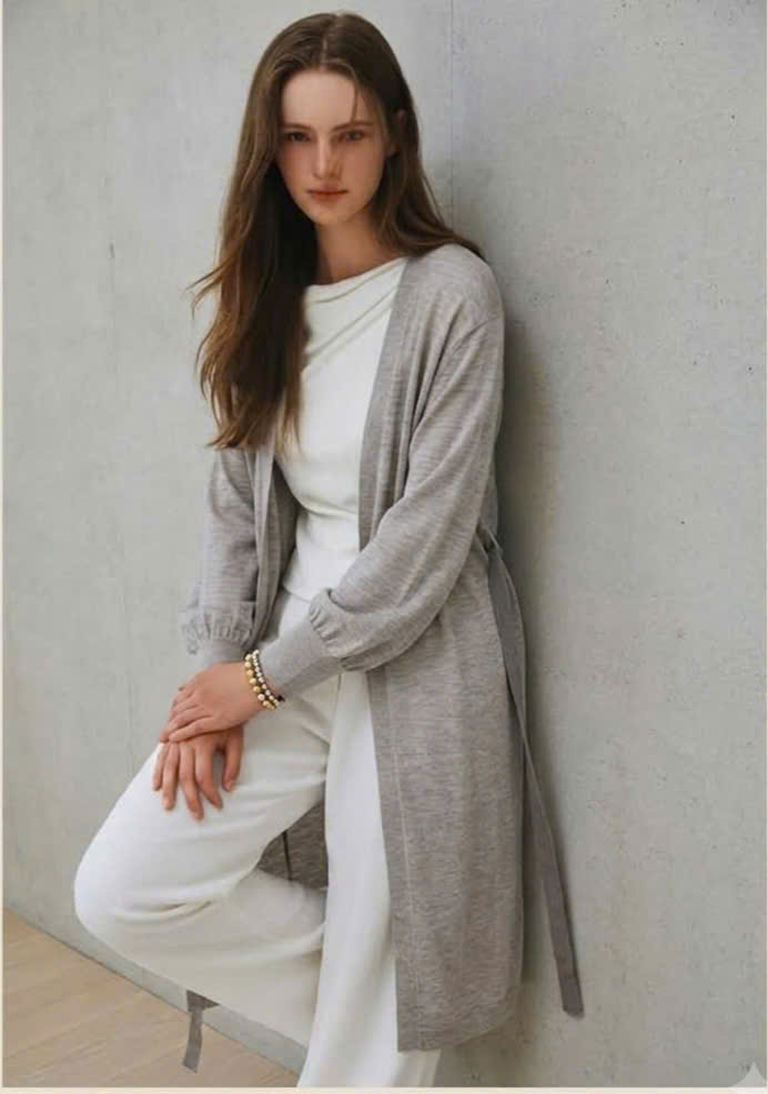 Áo khoác cardigan dáng dài len mongtogi mỏng, có dây buộc eo