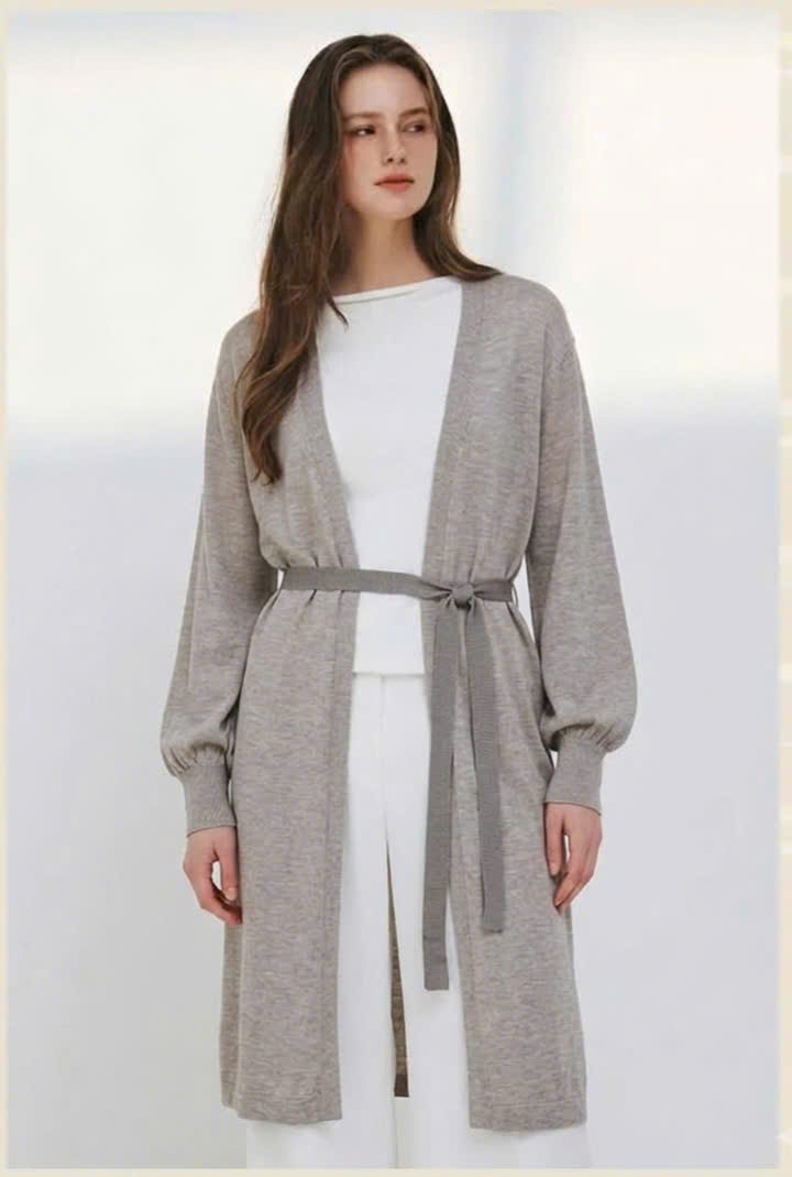 Áo khoác cardigan dáng dài len mongtogi mỏng, có dây buộc eo