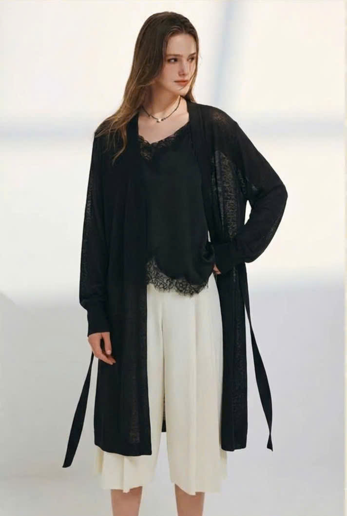 Áo khoác cardigan dáng dài len mongtogi mỏng, có dây buộc eo