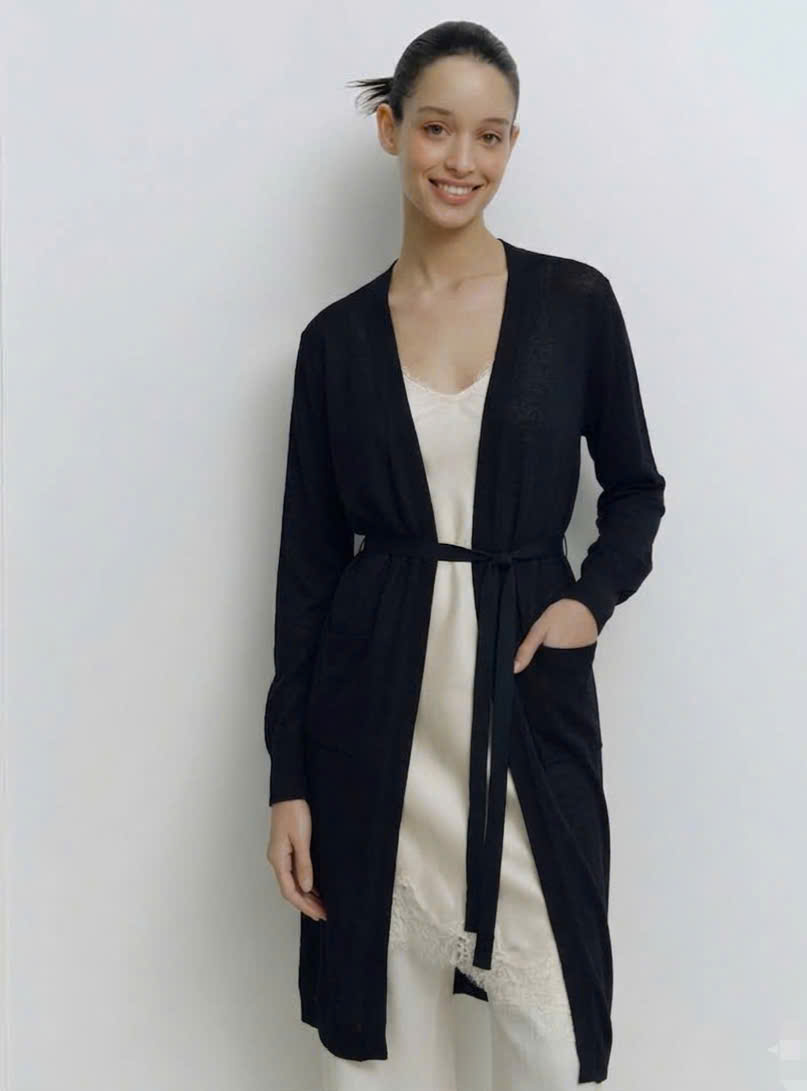 Áo khoác cardigan dáng dài len mongtogi mỏng, có dây buộc eo