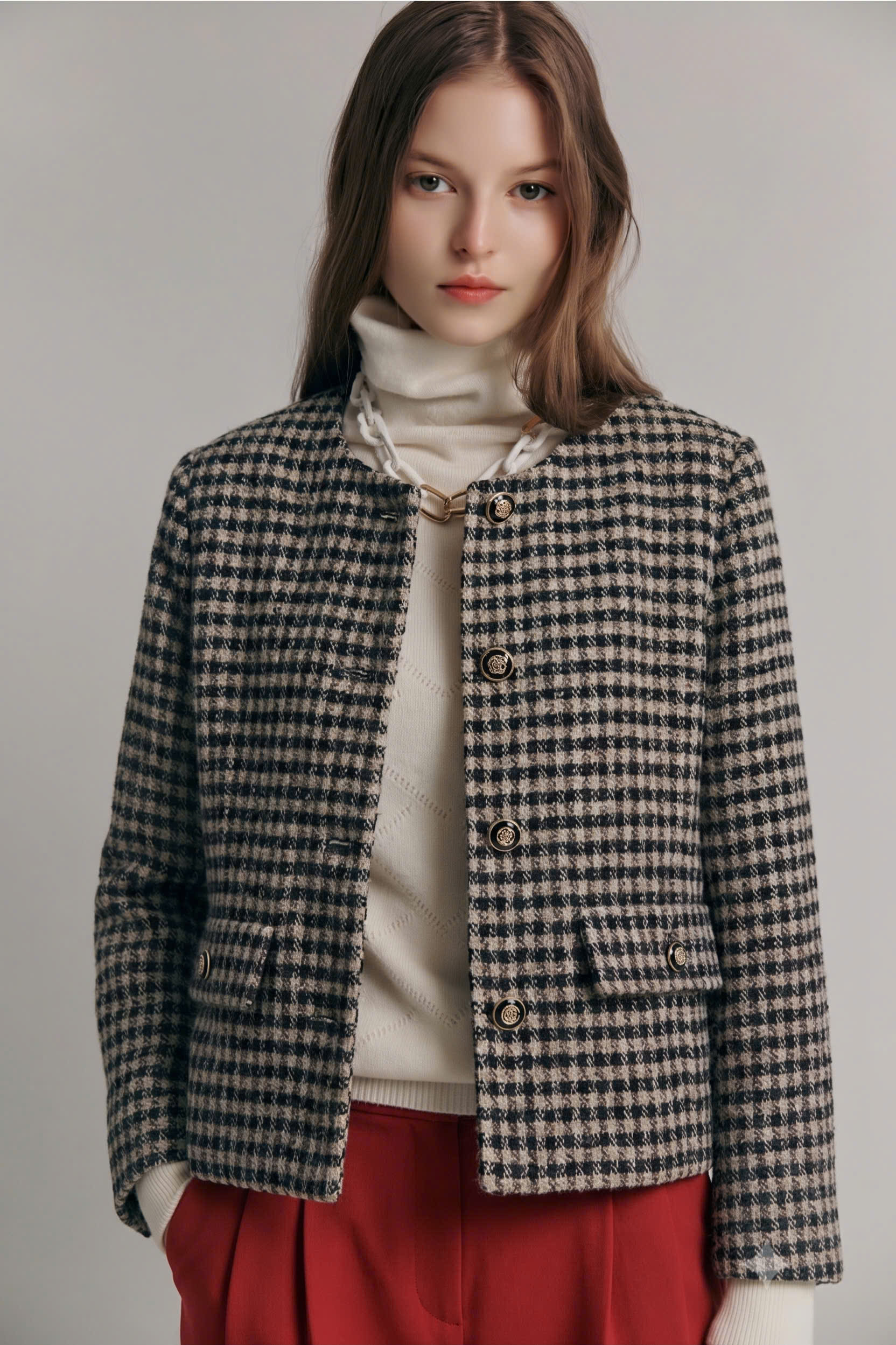 Áo khoác dạ tweed cổ tròn, kẻ nâu tây, hai túi vuông trước