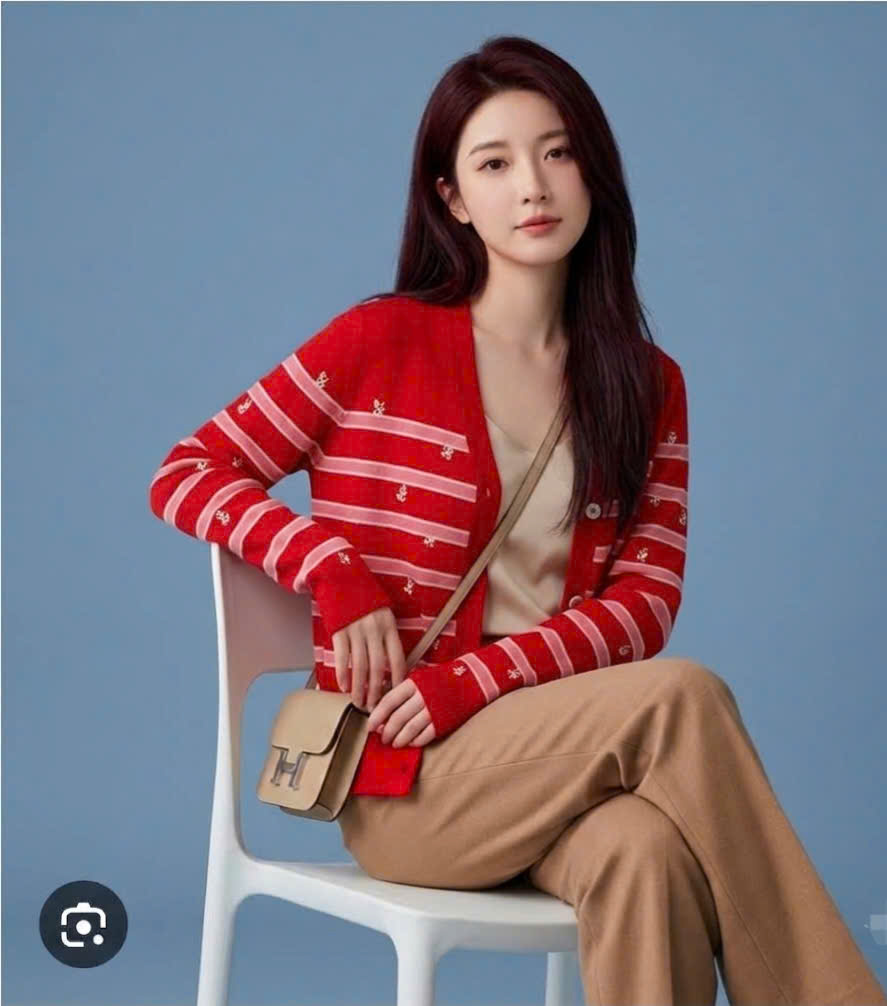 Áo khoác len cardigan cổ V bo gấu, họa tiết kẻ ngang