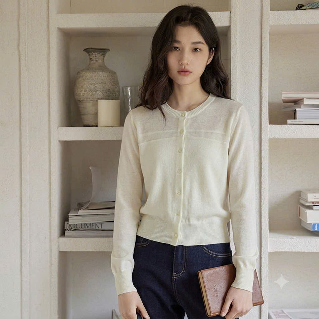 Áo khoác len cardigan, cổ tròn bo gấu, 1 hàng cúc nhỏ khảm trai