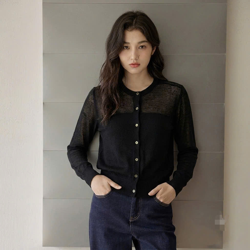 Áo khoác len cardigan, cổ tròn bo gấu, 1 hàng cúc nhỏ khảm trai