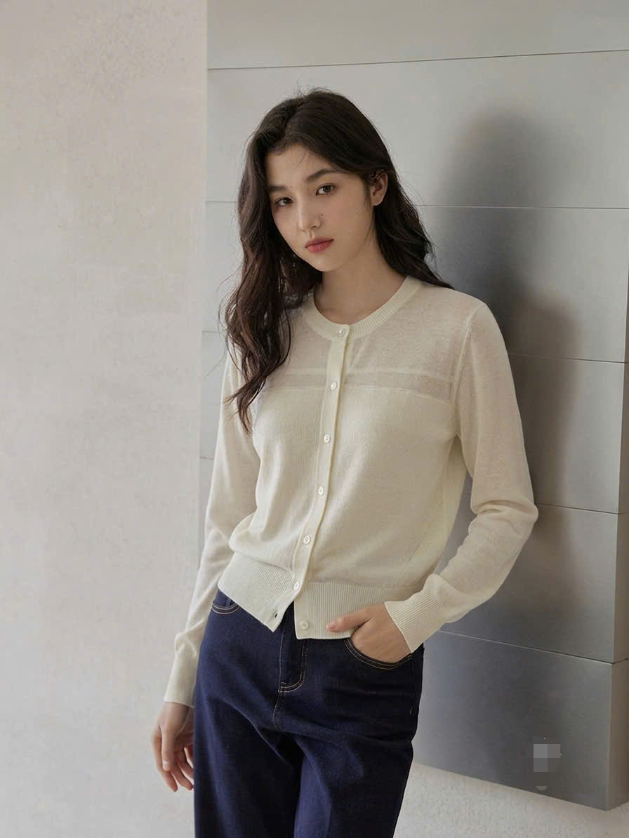 Áo khoác len cardigan, cổ tròn bo gấu, 1 hàng cúc nhỏ khảm trai