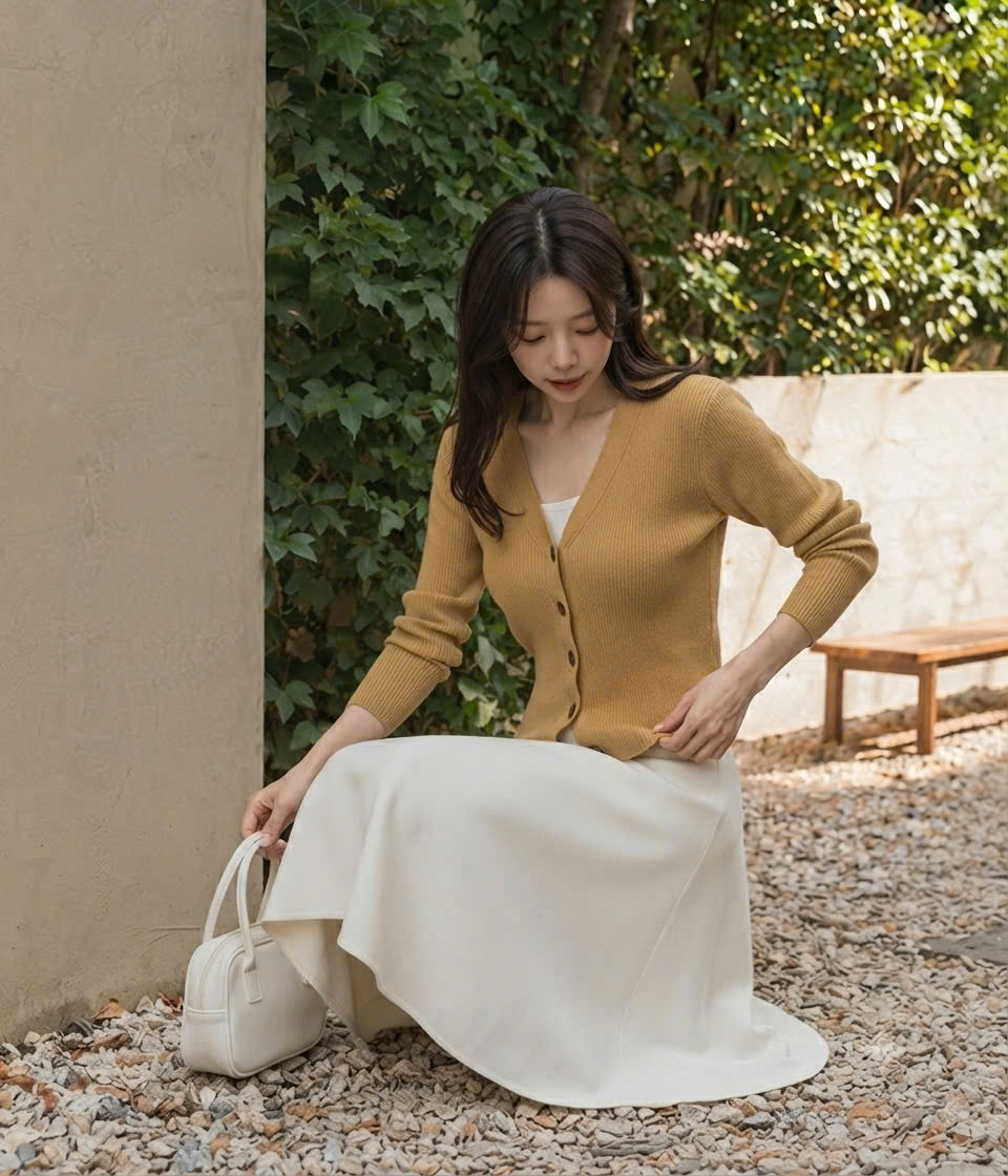 Áo khoác len tăm, cổ V cúc to bo gấu tay - gấu áo