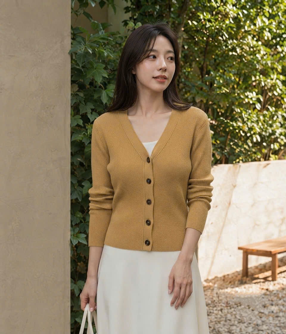 Áo khoác len tăm, cổ V cúc to bo gấu tay - gấu áo