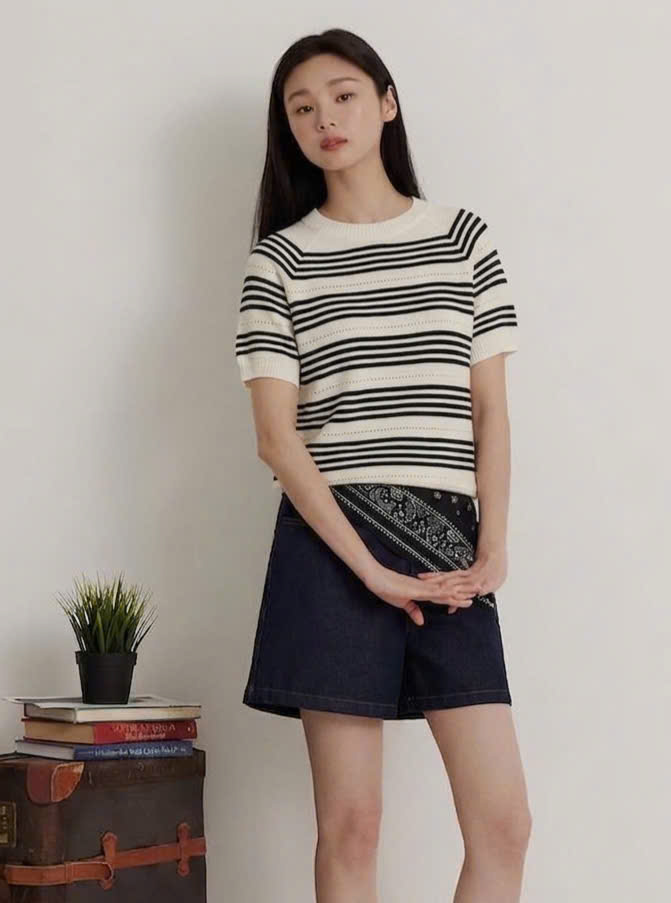 Áo len cộc tay, cổ tròn bo gấu, sọc kẻ ngang