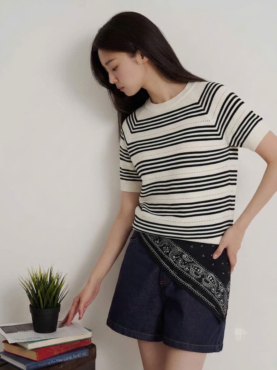 Áo len cộc tay, cổ tròn bo gấu, sọc kẻ ngang