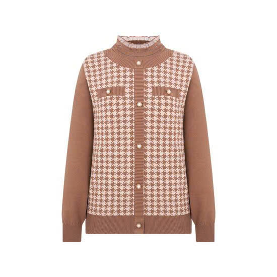 Áo len dài tay cổ ren, họa tiết houndstooth, đính cúc ngọc trai