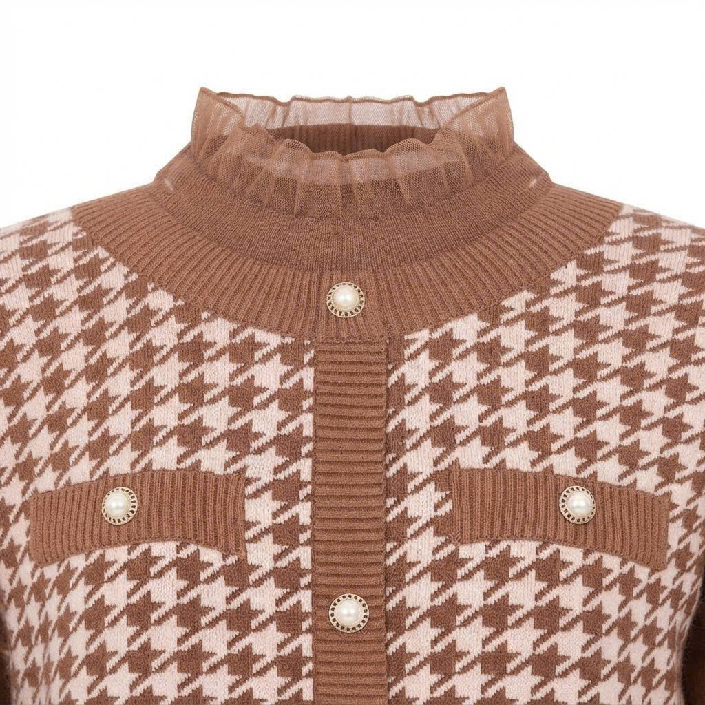 Áo len dài tay cổ ren, họa tiết houndstooth, đính cúc ngọc trai
