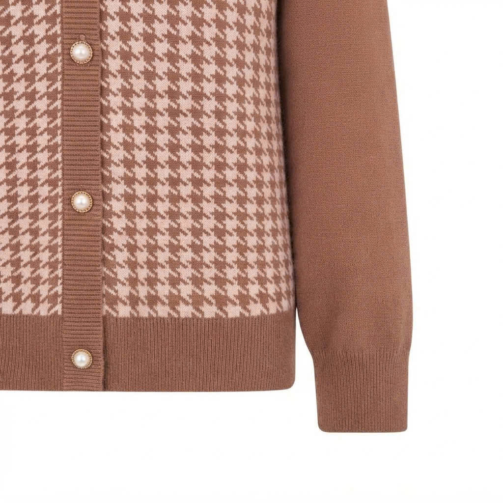 Áo len dài tay cổ ren, họa tiết houndstooth, đính cúc ngọc trai