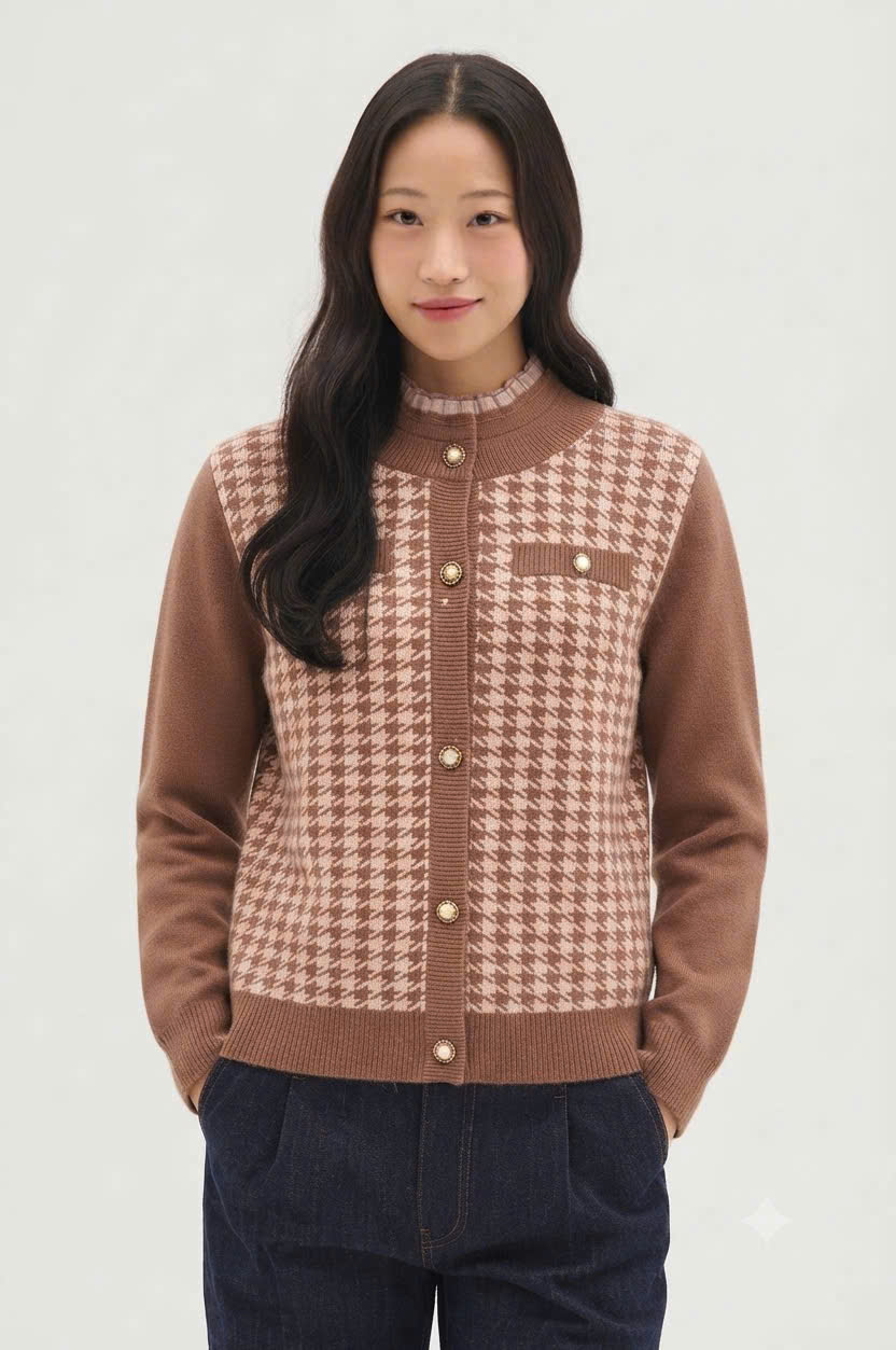 Áo len dài tay cổ ren, họa tiết houndstooth, đính cúc ngọc trai
