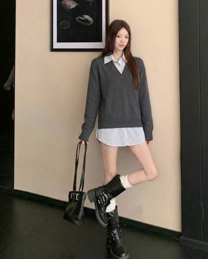 Áo len dài tay cổ sơ mi kẻ chất mềm mịn