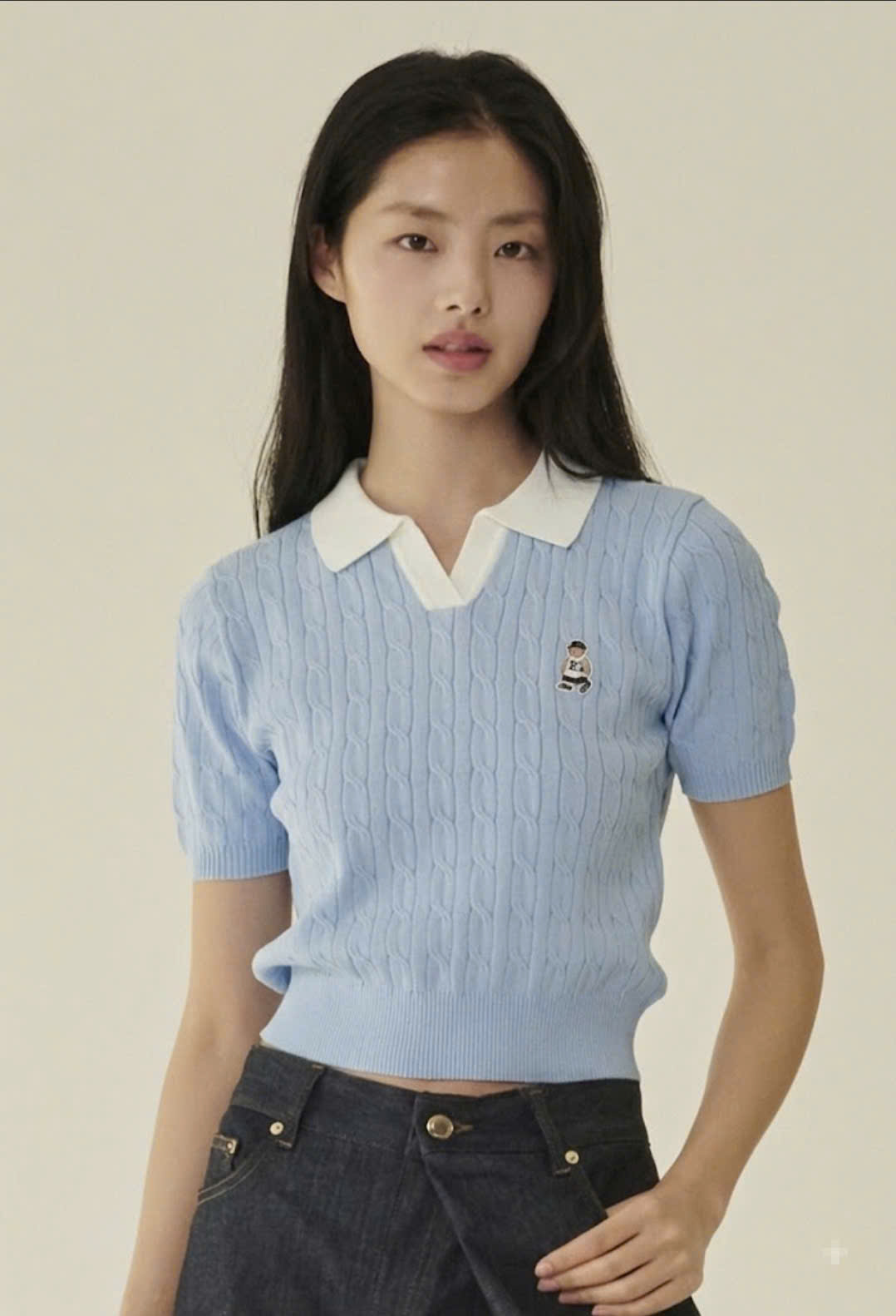Áo mongtoghi cổ polo, dáng crop, thêu gấu , 3 màu - Xanh Blue - S
