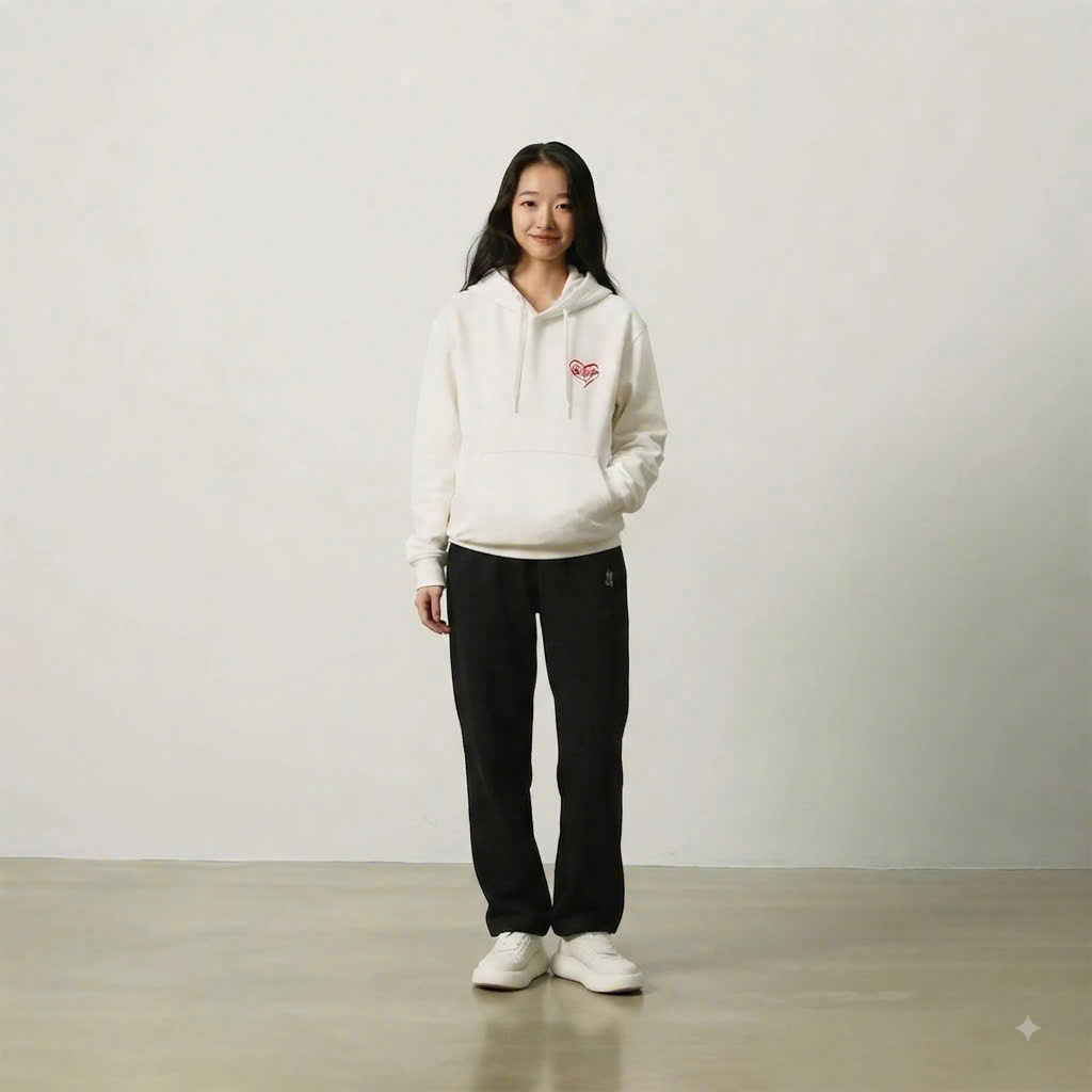 Áo nỉ hoodie trắng, có chữ redsox hình trái tim đỏ bên ngực