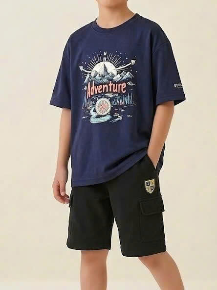 Áo phông cotton Beemon cho bé, chữ Adventure và họa tiết mặt trời trước ngực