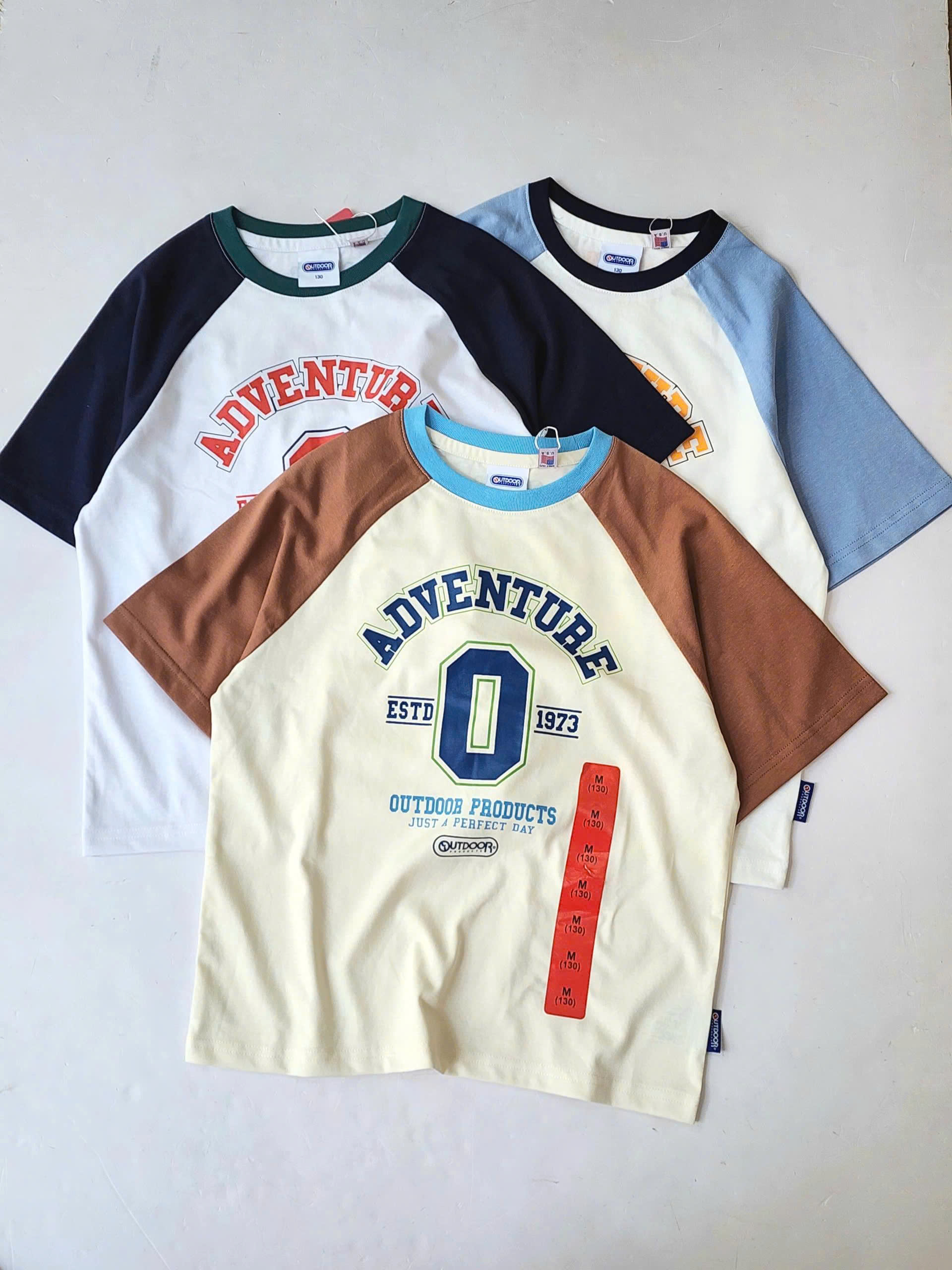 Áo phông cotton trẻ em, chữ Adventure, tay áo phối màu