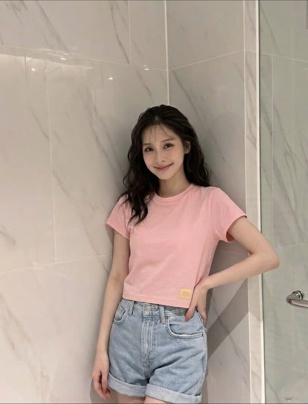 Áo phông crop nhẹ, cổ tròn, logo nhỏ dưới gấu
