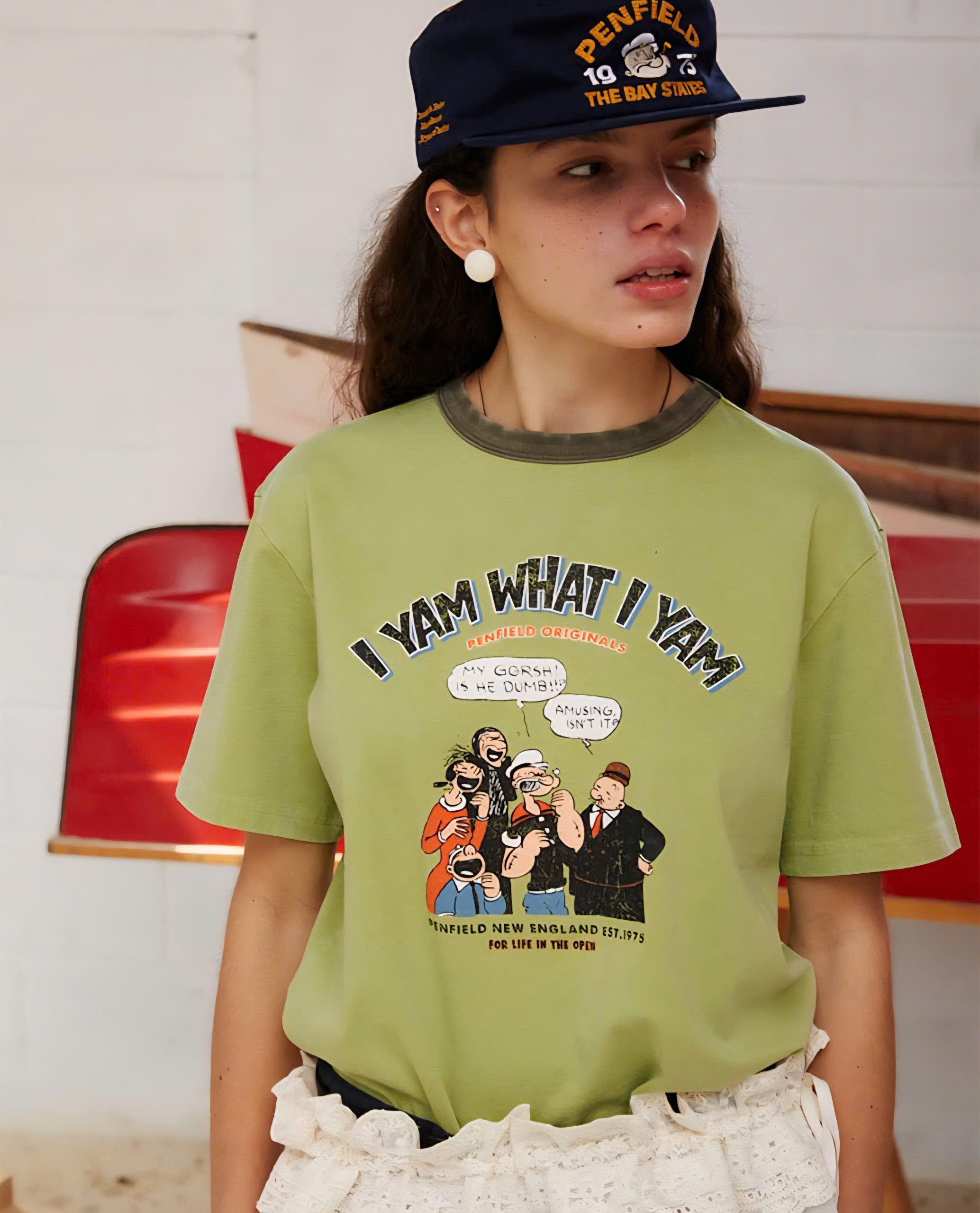 Áo phông dáng ouversize, hình Popeye chữ I YAM WHAT I YAM