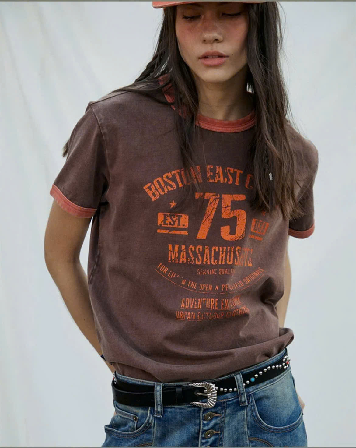 Áo phông oversize, viền màu , chữ Boston east coast 75