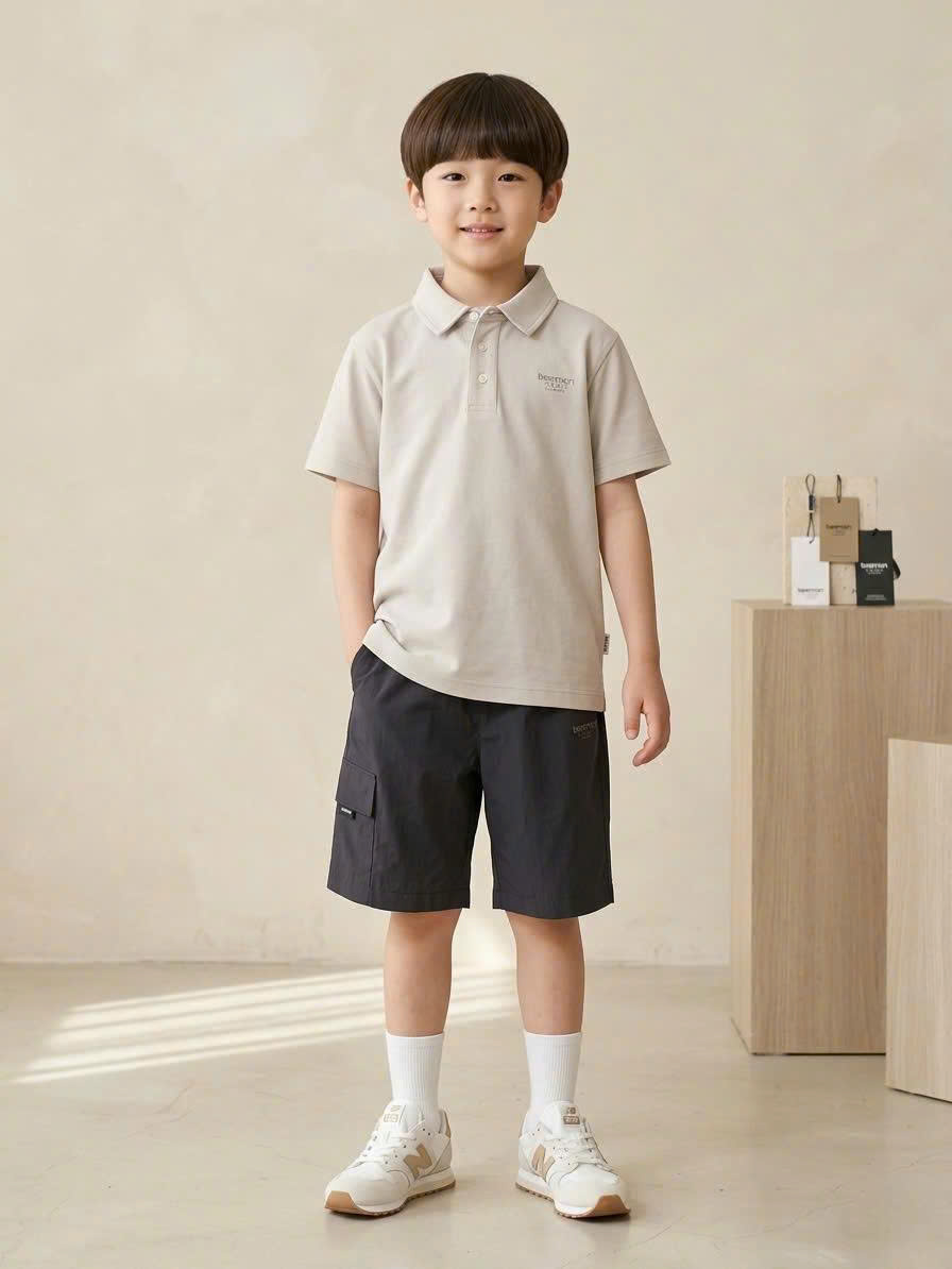 Áo phông polo Beemon cho bé, cài 3 cúc cổ, hình in logo silicon, 3 màu