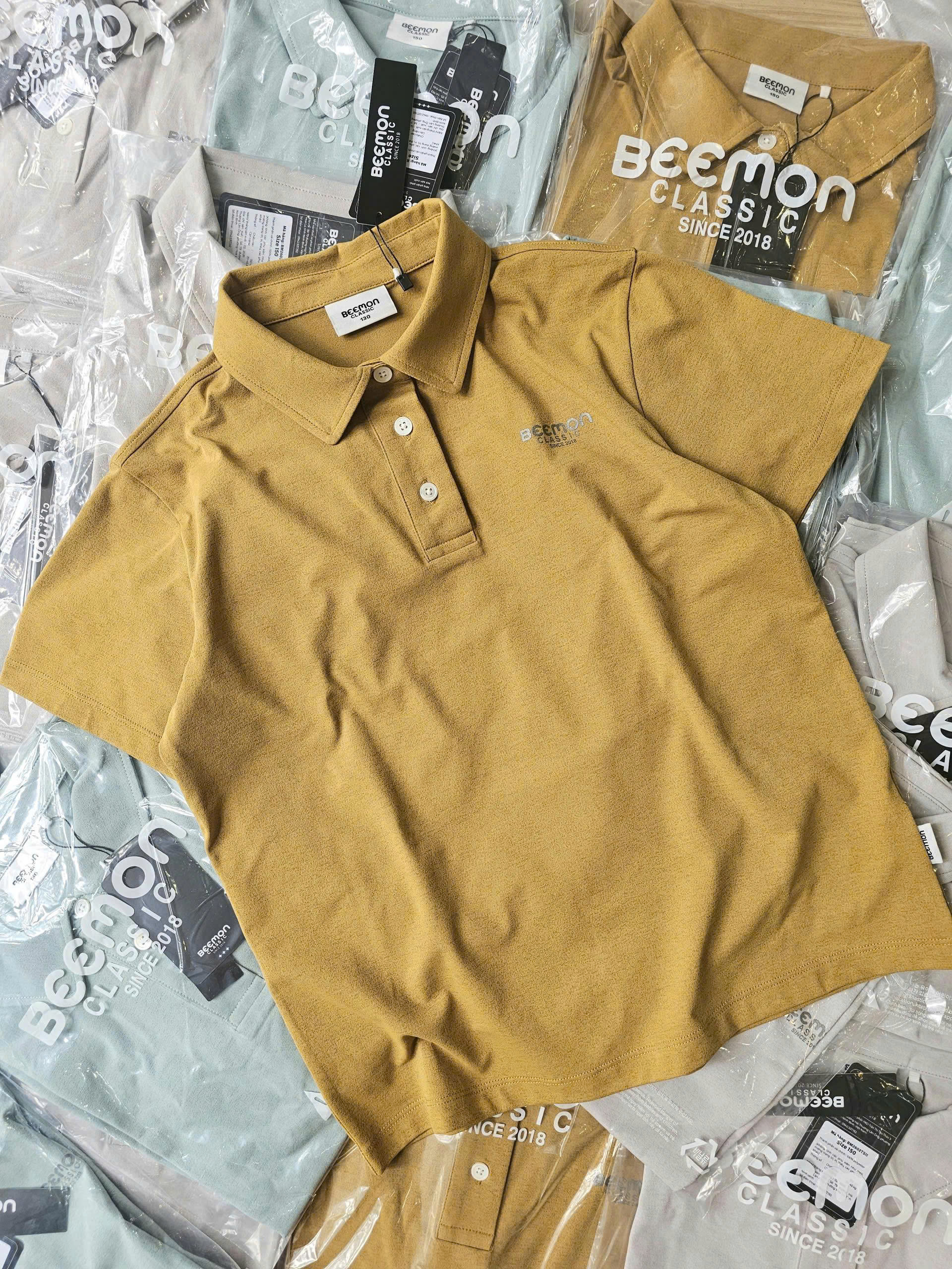 Áo phông polo Beemon cho bé, cài 3 cúc cổ, hình in logo silicon, 3 màu