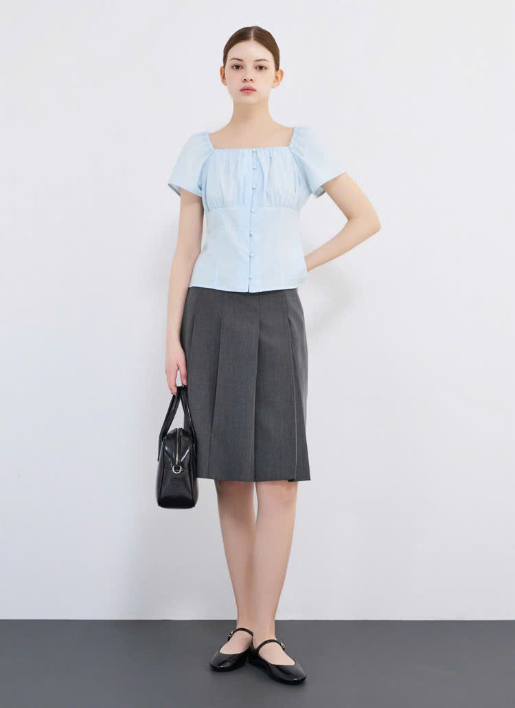 Áo sơ cotton cổ vuông, nhún bèo