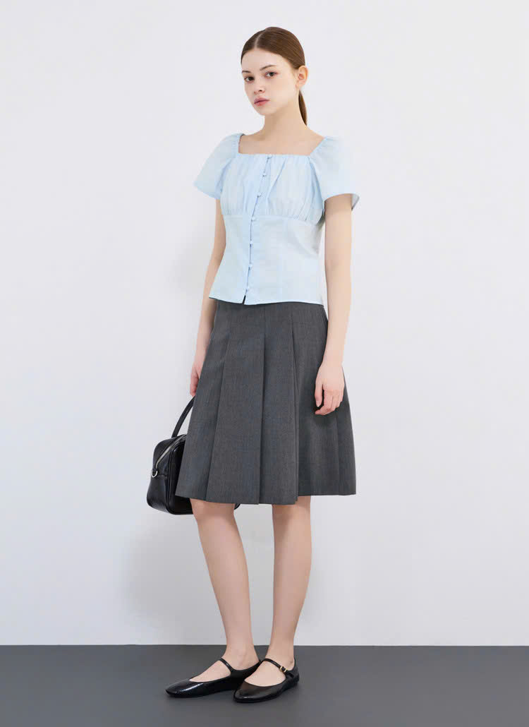 Áo sơ cotton cổ vuông, nhún bèo