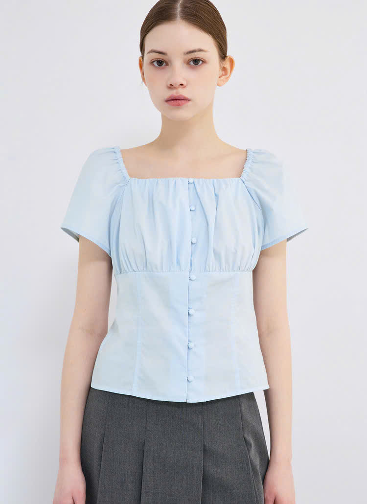 Áo sơ cotton cổ vuông, nhún bèo
