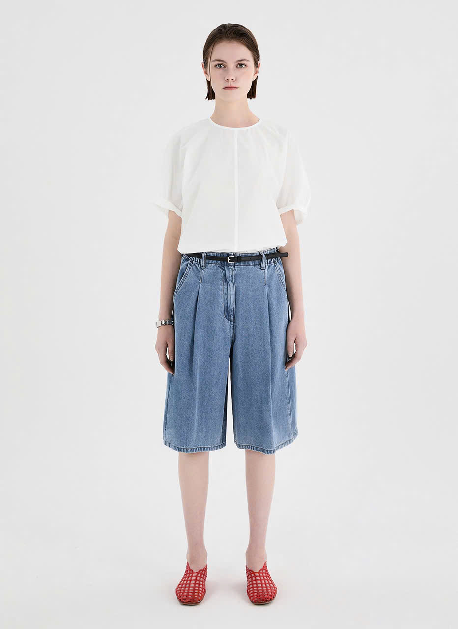 Áo sơ mi thô rayon, cổ tròn, đường may gân giữa